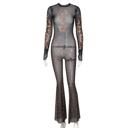 Mono sexy de malla transparente con manga larga y pantalones acampanados estampados para mujer