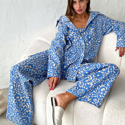 Conjuntos de camisa de manga larga y pantalones de cintura alta con estampado de principios de otoño para mujer