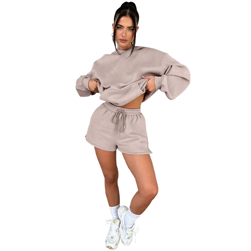Suéteres con capucha de manga larga de color liso para otoño e invierno, ropa para mujer, conjuntos de dos piezas con pantalones cortos casuales