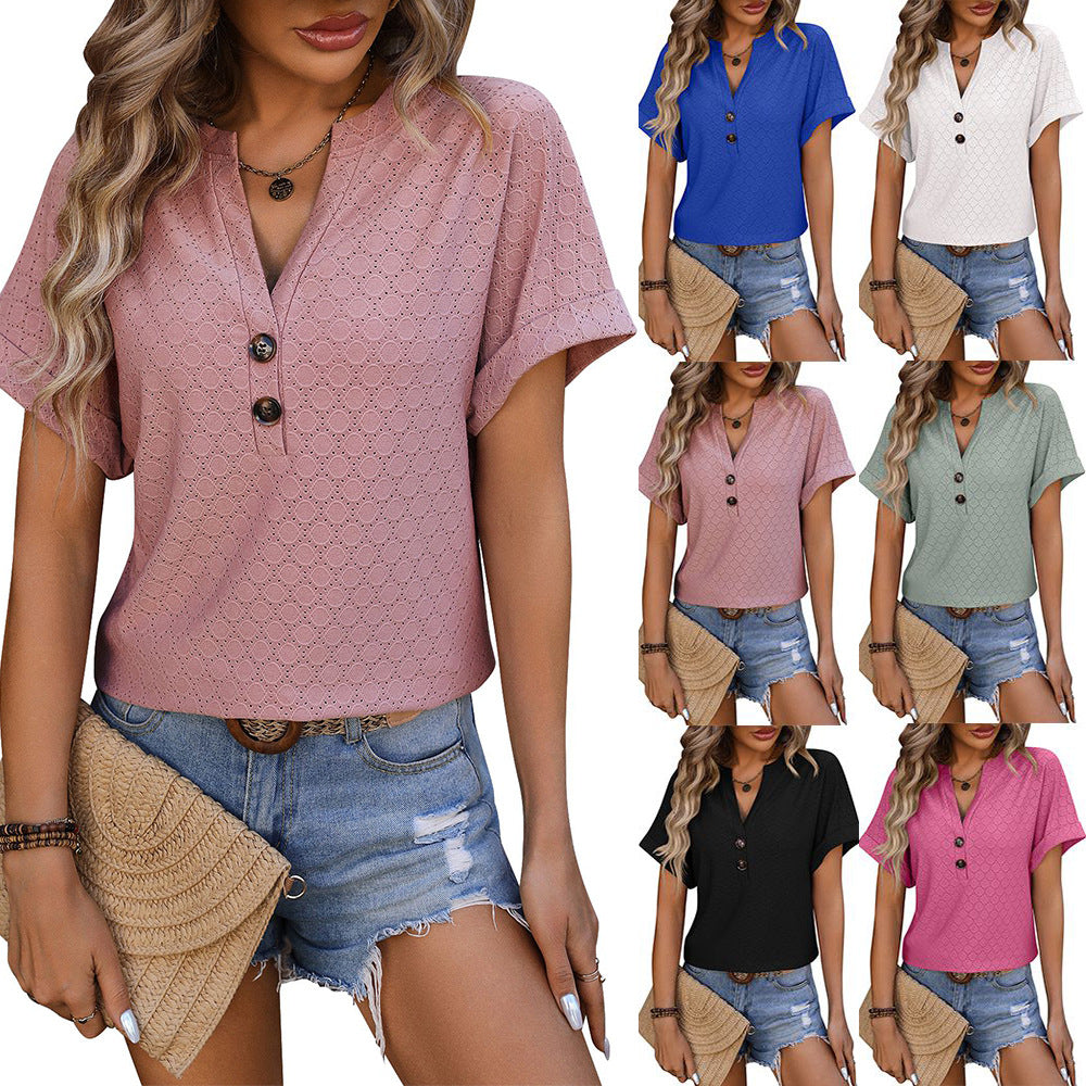 Camiseta holgada de manga corta con cuello en V, botones y lunares de color liso para mujer para primavera y verano