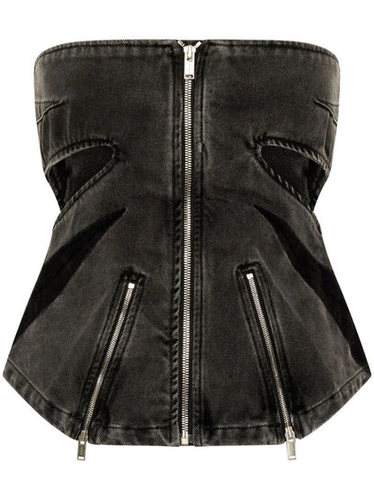 Conjunto de dos piezas de mezclilla para mujer, con top de tubo y parches en contraste de colores, abertura tridimensional, doble cremallera, costuras elásticas y lavados.