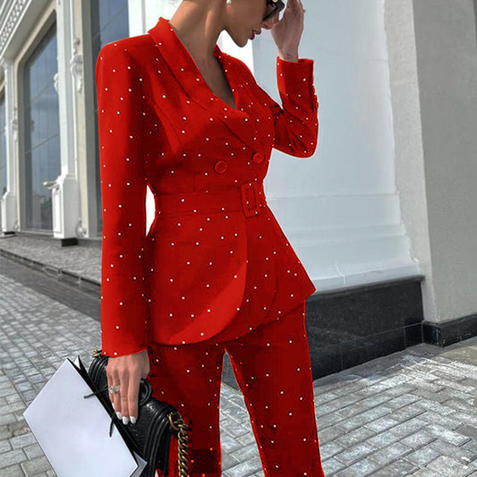 Conjunto de dos piezas de blazer de manga larga con lunares negros para mujer