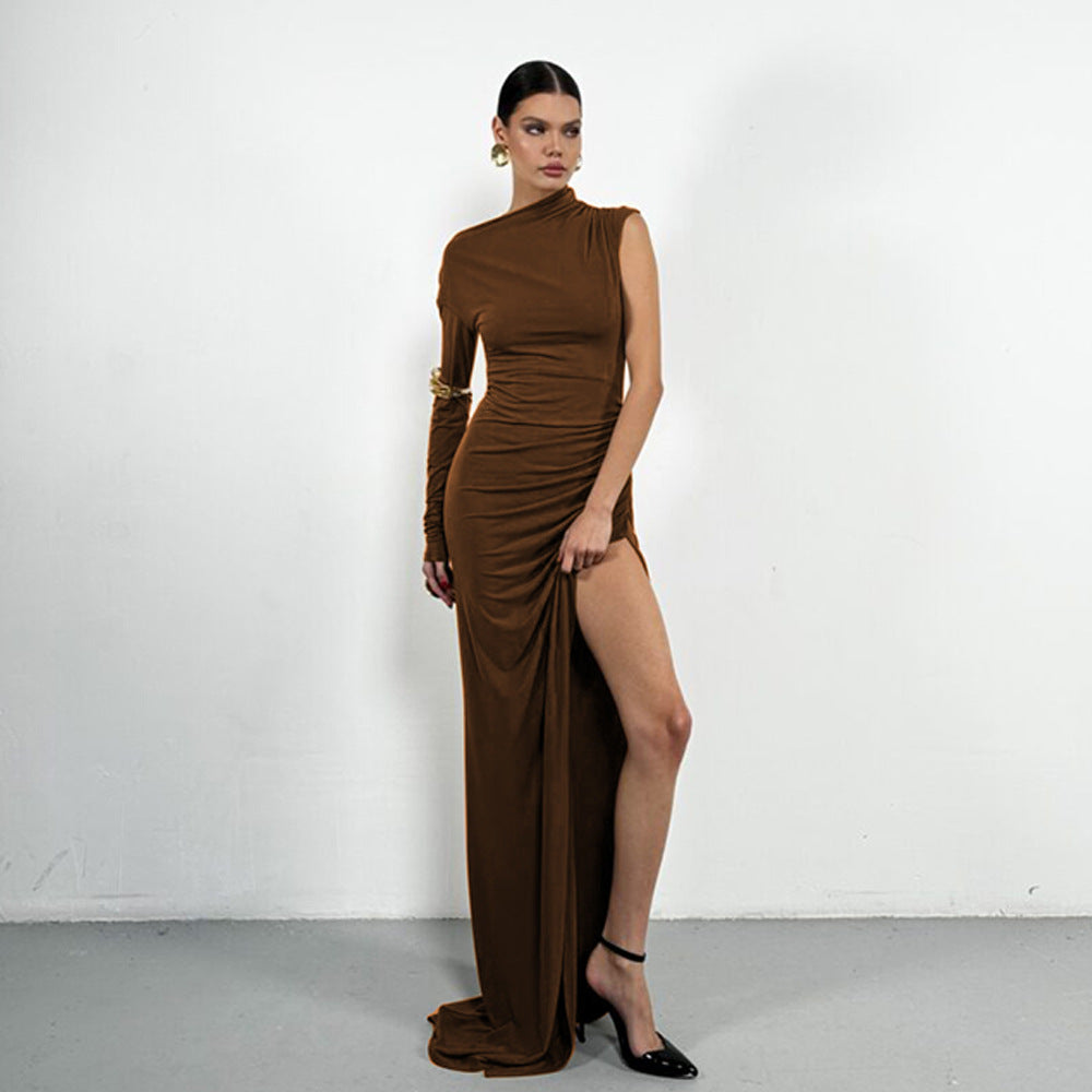 Vestido elegante para mujer, sexy, con un hombro al descubierto, mangas, color sólido, abertura, ajustado, largo
