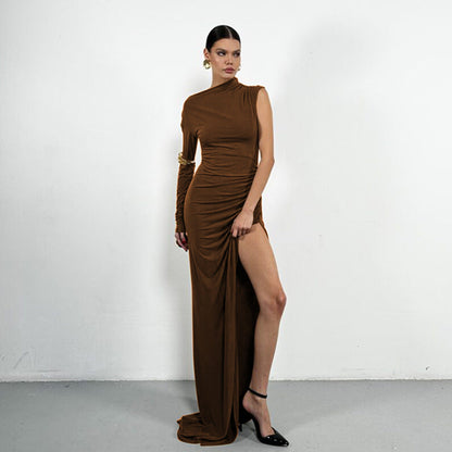 Vestido elegante para mujer, sexy, con un hombro al descubierto, mangas, color sólido, abertura, ajustado, largo