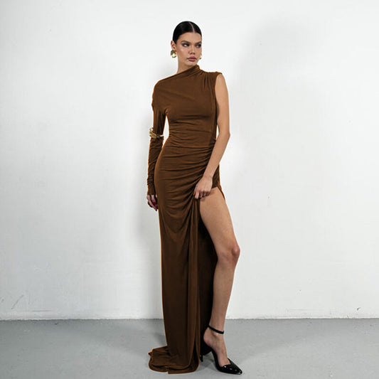 Women Elegant Dress Sexy One Shoulder Sleeves Solid Color Split Slim Dress Long