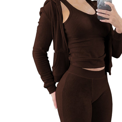 Conjunto de tres piezas de chaleco con capucha de felpa para otoño e invierno de International Station para mujer