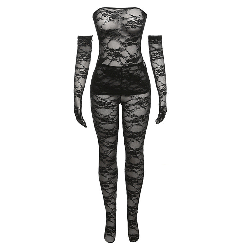 Ropa de otoño para mujer, top de tubo de encaje sexy, cintura alta, ajustado, medias, pantalones, traje para mujer