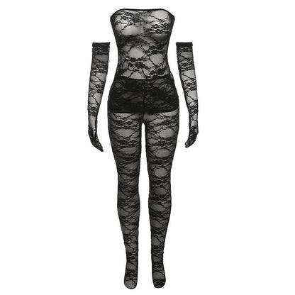 Ropa de otoño para mujer, top de tubo de encaje sexy, cintura alta, ajustado, medias, pantalones, traje para mujer