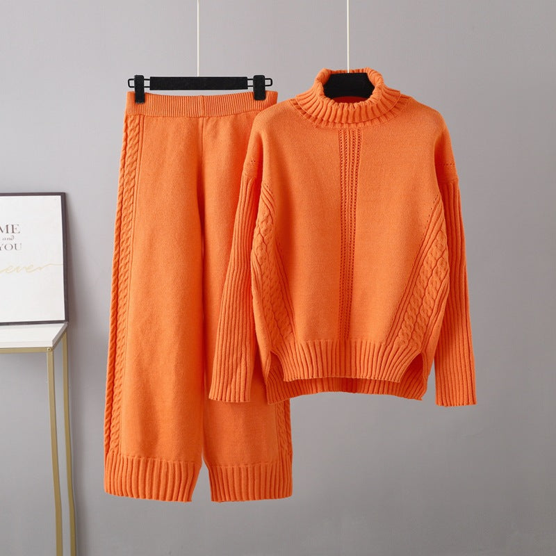 Conjunto informal de jersey de cuello alto y tejido grueso para mujer, pantalones anchos y sueltos de pierna ancha para otoño e invierno, dos piezas