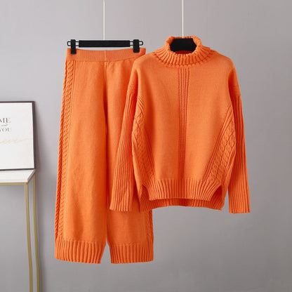 Conjunto informal de jersey de cuello alto y tejido grueso para mujer, pantalones anchos y sueltos de pierna ancha para otoño e invierno, dos piezas