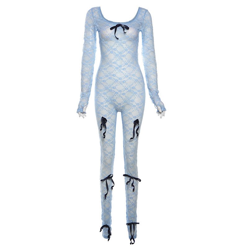 Mono de encaje de manga larga ajustado de Jacquard con cintura alta y aberturas sexy de primavera para mujer