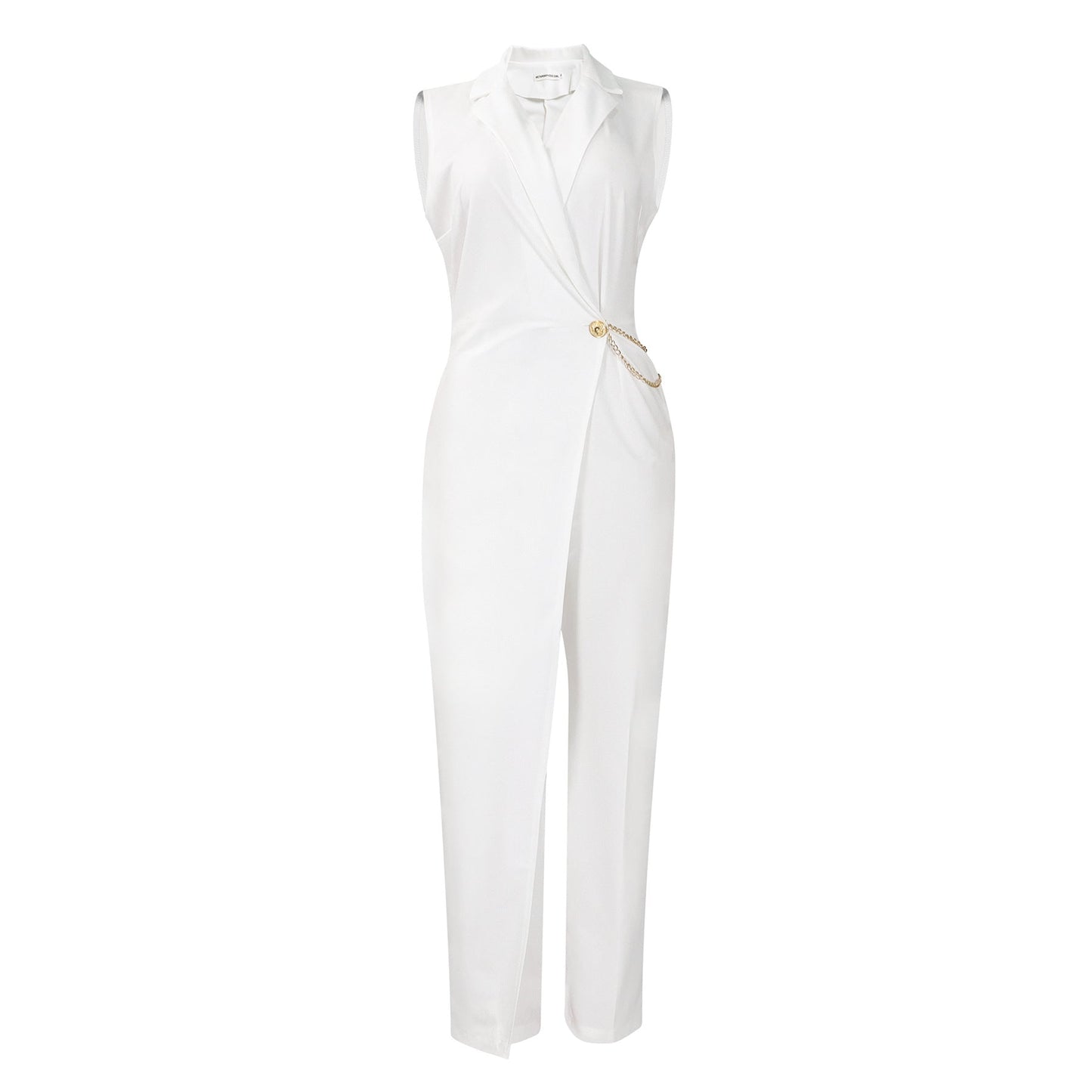 Mono elegante de mujer con cuello de traje elegante, cintura ajustada, cadena, pierna ancha y suelta