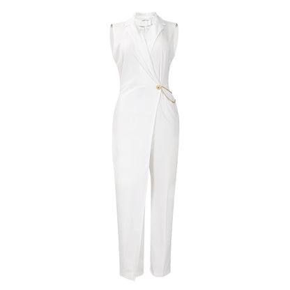 Mono elegante de mujer con cuello de traje elegante, cintura ajustada, cadena, pierna ancha y suelta