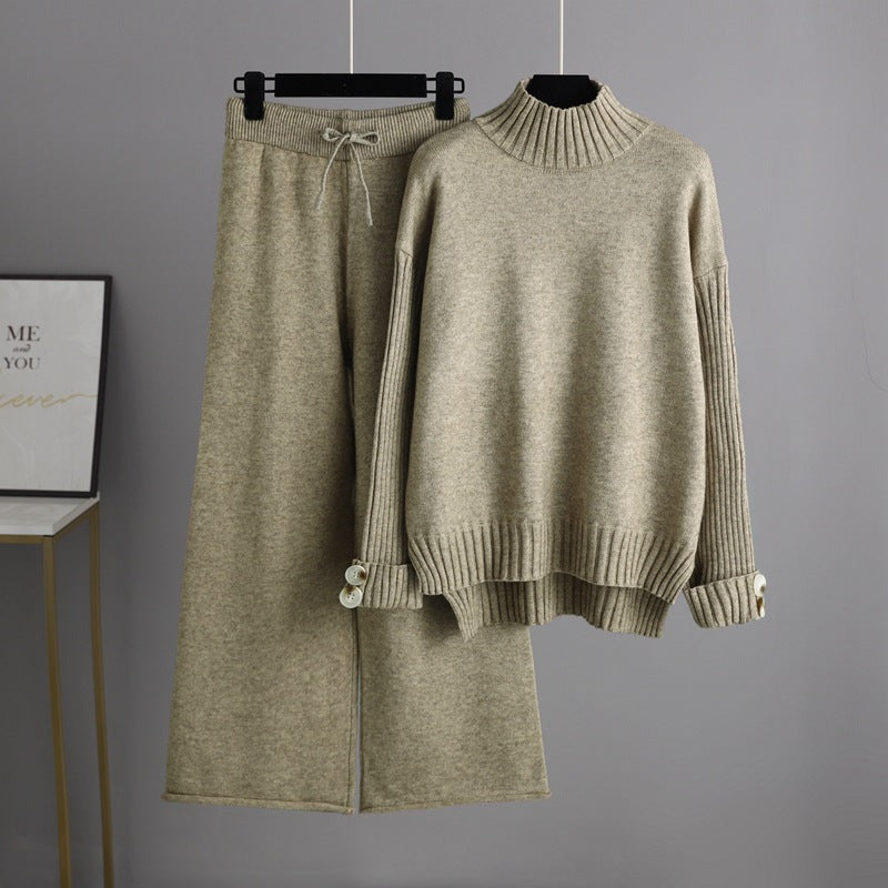 Conjunto de dos piezas de jersey de cuello alto y manga larga para mujer, traje de punto de otoño e invierno, ropa exterior gruesa y holgada.