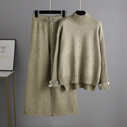 Conjunto de dos piezas de jersey de cuello alto y manga larga para mujer, traje de punto de otoño e invierno, ropa exterior gruesa y holgada.