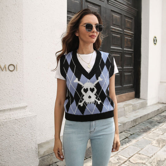 Chaleco tipo suéter con diseño de calavera y rombos de jacquard para mujer, otoño e invierno, prendas de punto para Halloween