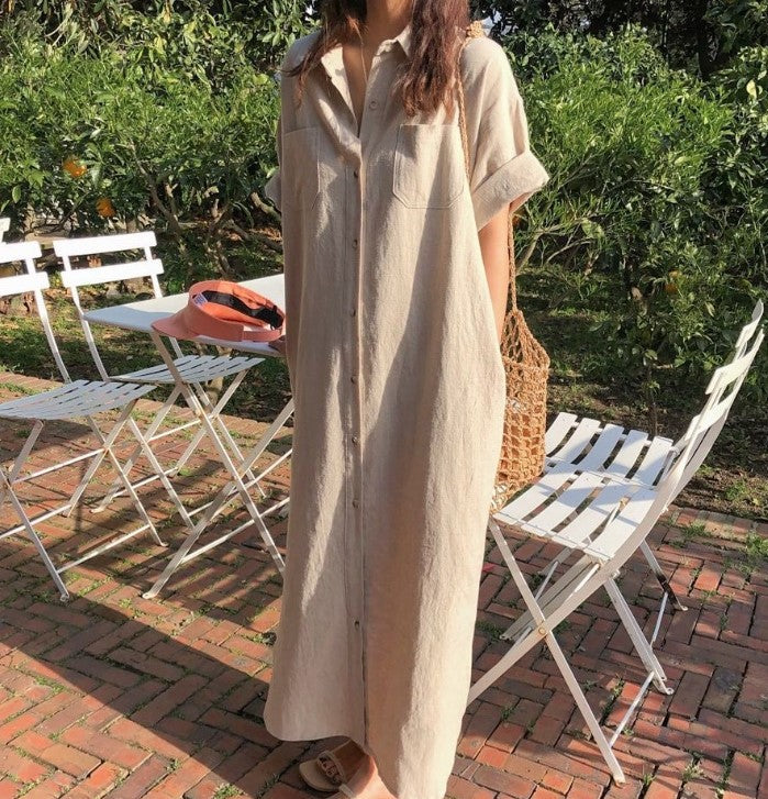 Vestido coreano de verano de manga corta con estampado largo, holgado y holgado, camisero por encima de la rodilla para mujer