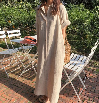 Vestido coreano de verano de manga corta con estampado largo, holgado y holgado, camisero por encima de la rodilla para mujer