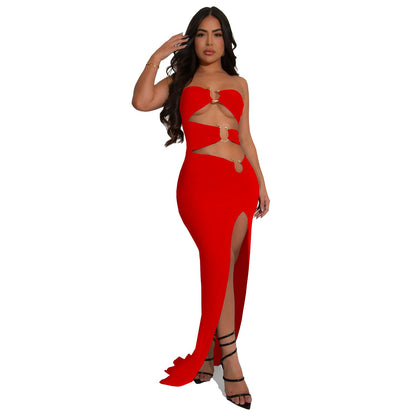 Vestido largo ajustado con abertura sexy de color sólido para mujer