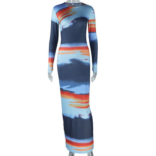 Printing Slim Fit Office Lady Sheath Dress round Neck Long Sleeve Length Dress Color Matching Painted Special Women Clothing