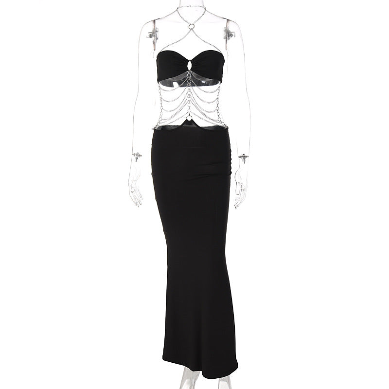 Vestido de otoño-invierno con escote halter, cadena metálica explosiva, con aberturas en el pecho y escote halter para mujer