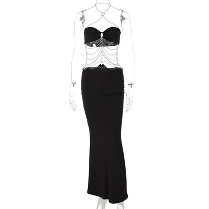 Vestido de otoño-invierno con escote halter, cadena metálica explosiva, con aberturas en el pecho y escote halter para mujer