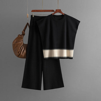 Traje de mujer, ropa de punto, pantalones holgados, adelgazantes, de cintura alta y piernas anchas, traje de dos piezas
