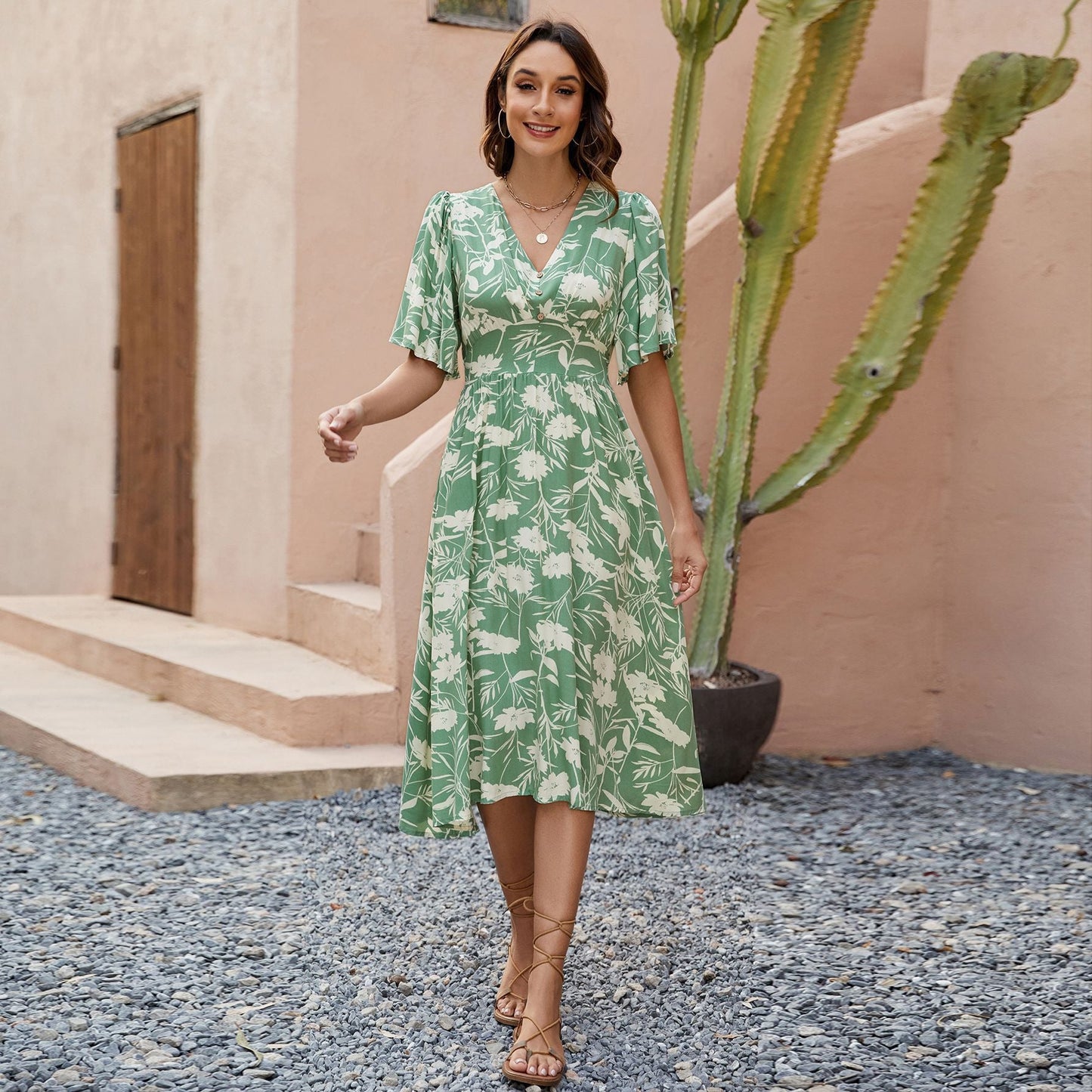Vestido bohemio para mujer, estampado, cuello en V, manga corta, cintura ajustada, para fiesta de playa