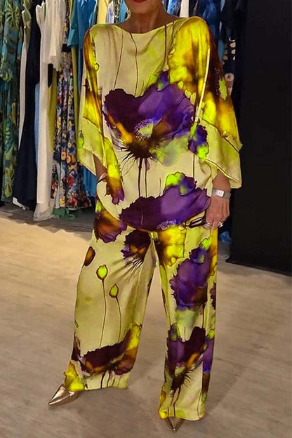 Colección Verano Otoño Estación Independiente Urbana Elegante Satén Cuello Descubierto Suelto Estampado Manga Murciélago Pantalones con Cordón Conjuntos