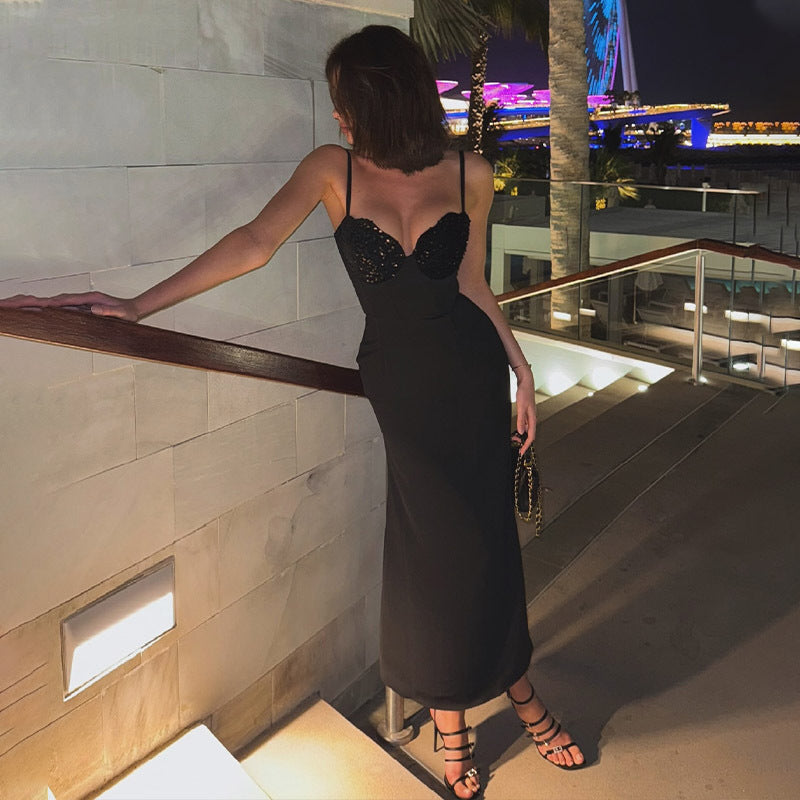 Vestido de cóctel de noche de lujo, sexy, ligero, con escote en V y costuras de lentejuelas, estilo camisola con cintura ceñida