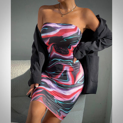 Arrival Color Printed Sexy Sexy Tube Top Backless Slim Sheath Dress for Women