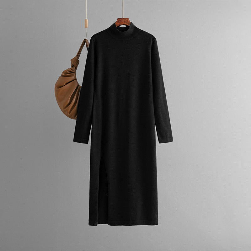 Vestido de punto de cuello alto para mujer, otoño e invierno, color liso, con abertura, manga larga, pantalones de fondo, ropa interior, vestido de lana