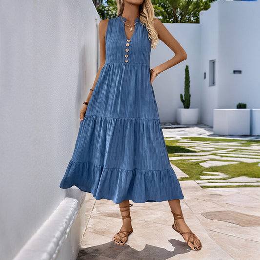 Summer Mid Length Dress Pleated Solid Color Stand Collar Sleeveless Dress