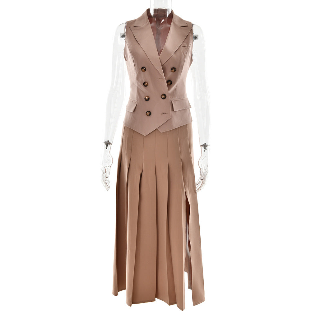 Autumn Elegant Maxi Skirt Sleeveless Vest Pleated Dress Two Piece Sets
