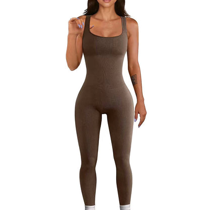 Mono de yoga sexy de verano para mujer, mono deportivo sin mangas con cuello cuadrado acanalado y pantalones