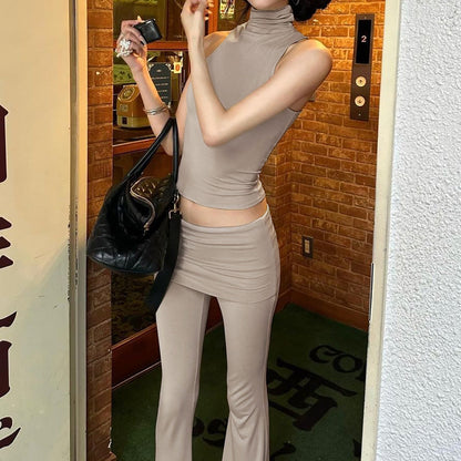 Conjunto de ropa de verano para mujer, top sin mangas personalizado, pantalones acampanados de cintura alta y corte ajustado