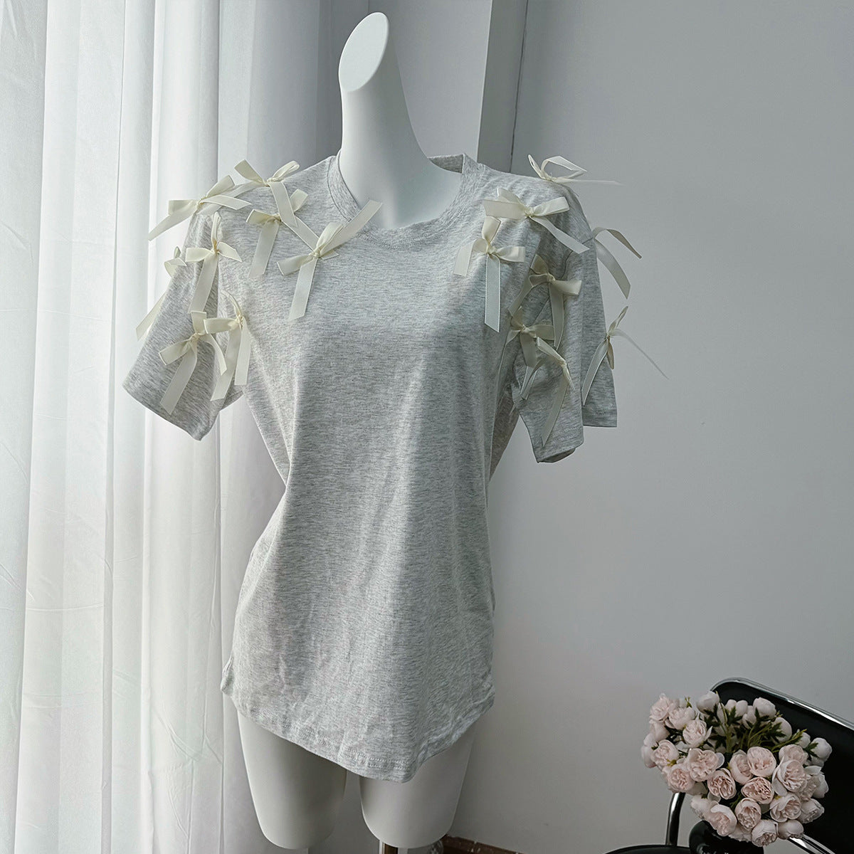 Camiseta holgada de manga corta con lazo de cinta para niña, top informal de algodón holgado
