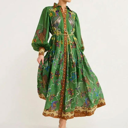 Vestido vintage con estampado de manga farol y cintura ajustada con dobladillo grande para mujer