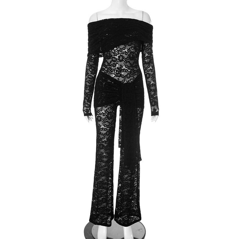 Pantalones de una pieza sexys con costuras de encaje y transparencias para mujer
