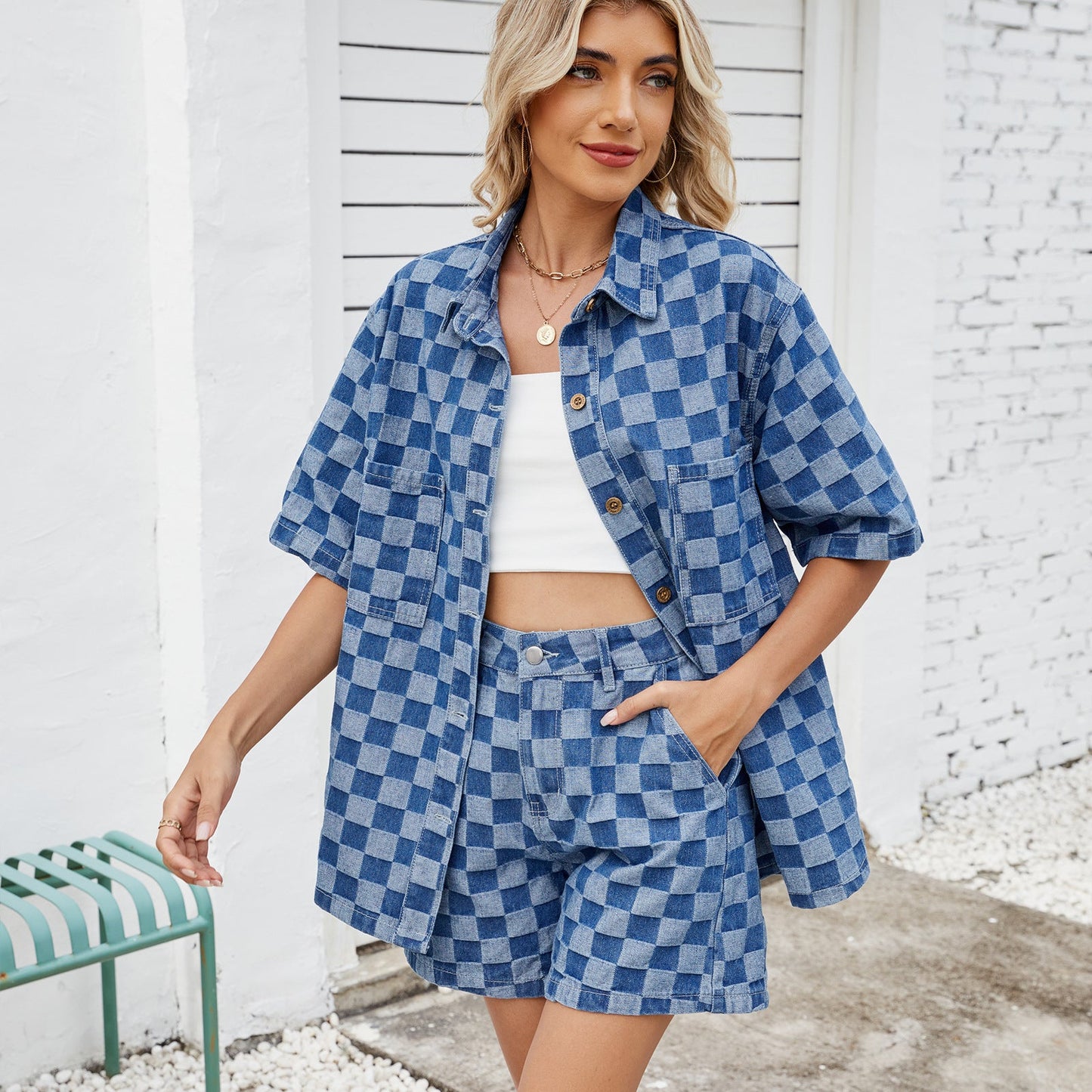 Conjuntos de camisa vaquera holgada informal de manga corta con lavado fino de verano para mujer