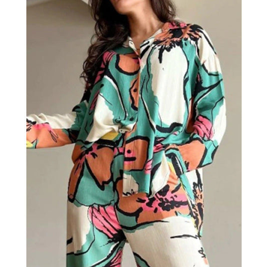 Conjunto elegante de camisa de oficina estampada para mujer, pantalones de pierna ancha y cintura alta