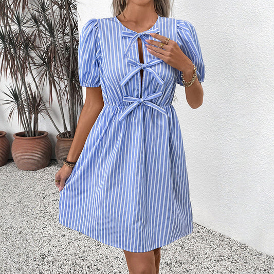 Summer Striped Dress round Neck Bowknot Lace up Dress