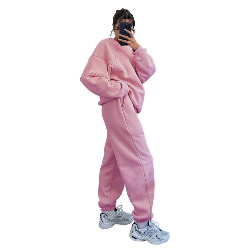 Suéteres de manga larga con cuello redondo y color liso para mujer, ropa informal, pantalones holgados, traje, otoño e invierno
