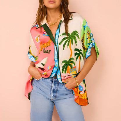 Traje informal de dos piezas con camisa y pantalones de cuello de manga corta de satén con estampado de grafiti