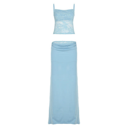 Conjunto de dos piezas para mujer: top de encaje con tirantes finos y falda de cola de pez de satén con costuras, falda tubo de cintura estrecha
