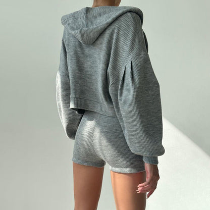 Sports Basic Solid Color Hooded Loose Zip Coat Vest Shorts Casual Three Piece Set