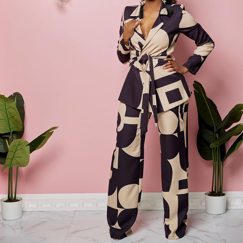 Conjunto de dos piezas formado por pantalón y pantalón, con estampado de cuello, cintura con cordones y banda en el tobillo, para mujer, otoño y primavera