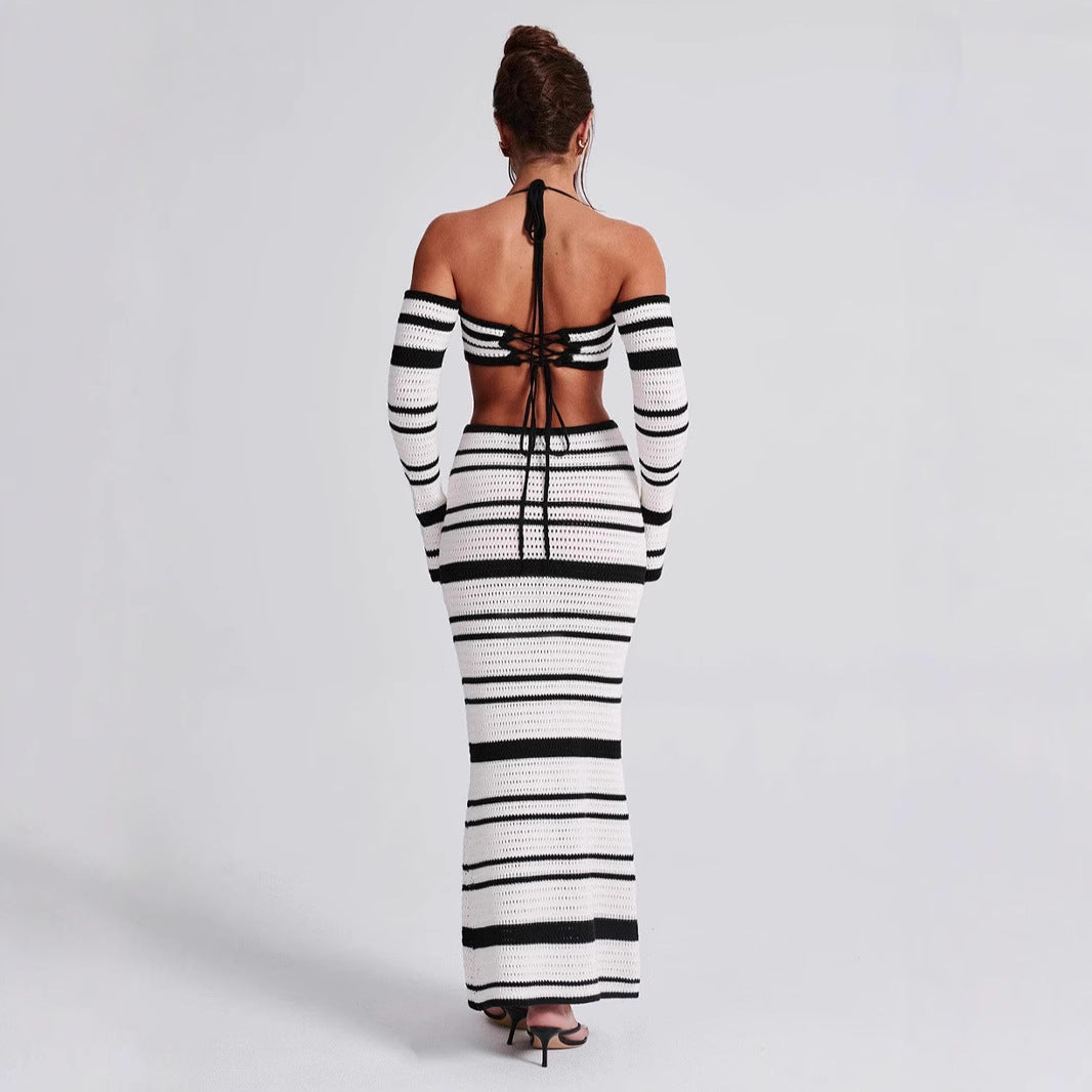 Conjunto de dos piezas formado por top y falda con cuello halter, manga larga y rayas, para mujer