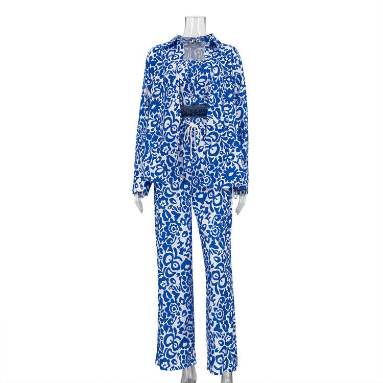 Conjuntos de camisa de manga larga y pantalones de cintura alta con estampado de principios de otoño para mujer