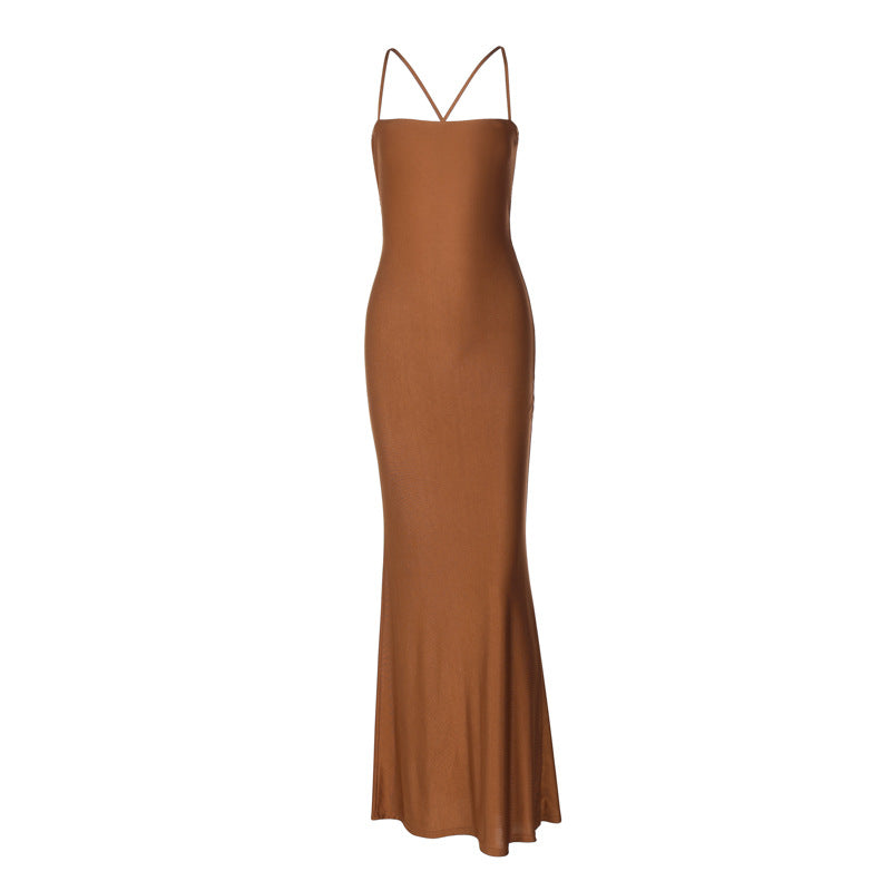 Vestido ajustado de verano para mujer, color liso, con escote en V y espalda descubierta, con costuras, aberturas y lazos.